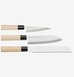 Houcho 3 Knife Set Santoku / Petty / Bread Knife in Balsa Wood Box